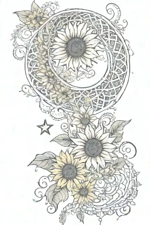 Crescent Moon Unalome With Sunflowers And Lace
