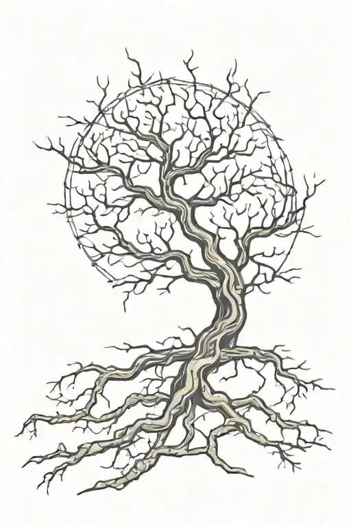 A Kintsugi Tree Of Life With Roots And Thick Trunk Design For A Back And White Tattoo On The Chest