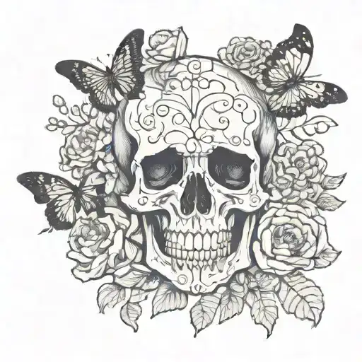 Skull Surrounded By Carnations And Butterflies Intertwined