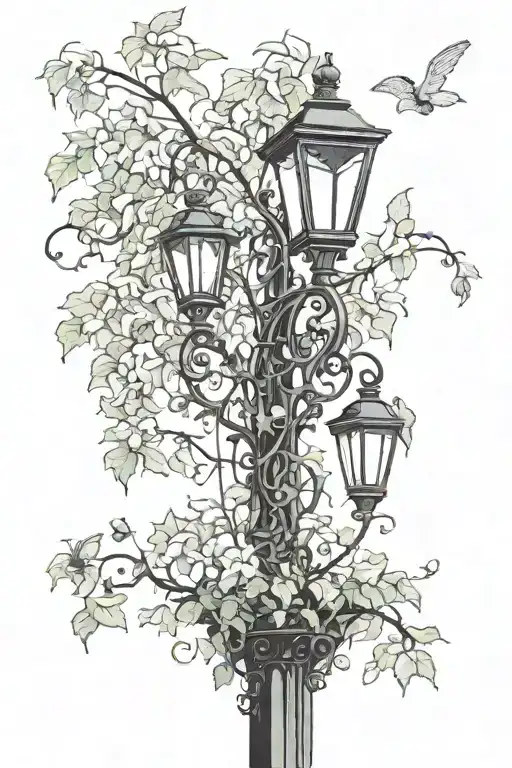 A Lamp Post Covered In Vines And Lilies Coming Out Of A Black Hole