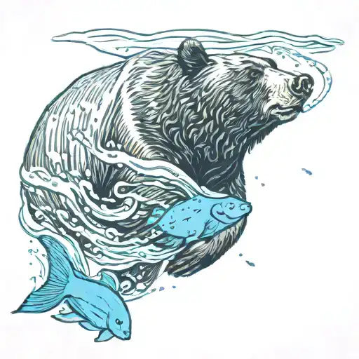 Black Bear Swimming With A Blue Fish