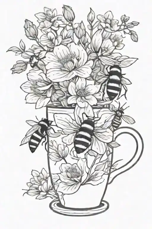 Unique Flowers With A Mug In Muted Earthy Tones And One Detailed Small Bumble Bee