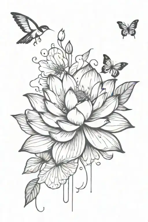 Lotus Flower With Butterflies And Humming Birds And Paint Strokes In The Background