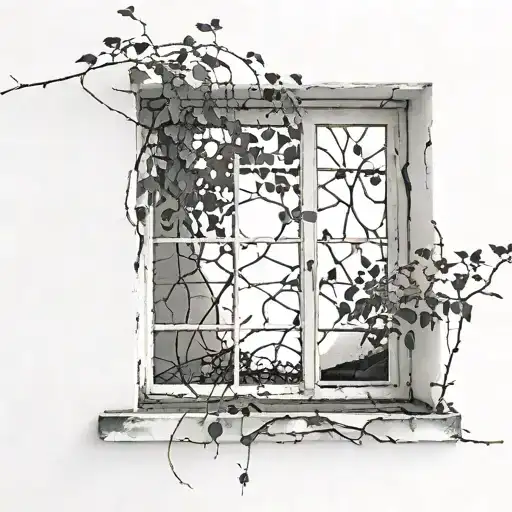 Black And White Window With Cracks And Very Small Amount Of Sunlight Coming In Surrounded By Vines