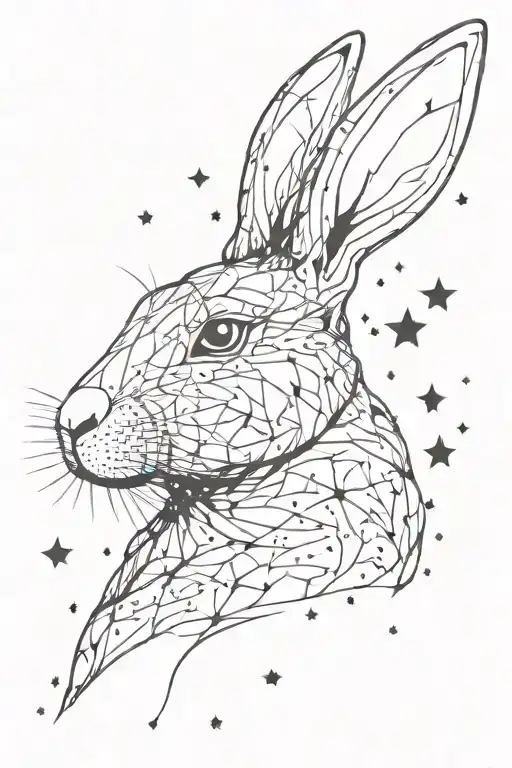 Rabbit Among Stars In Fog Black Rabbit Stars Wavy Fog White Glowing Eyes Halo Angel Wings Rabbit