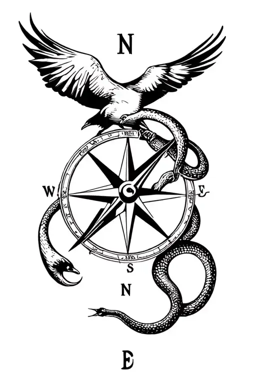 A Compass Entwined With A Snake Against A Crow Flying