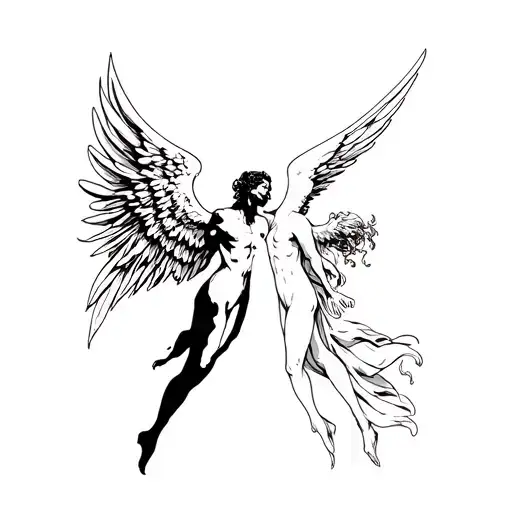 A Half Angel And Half Devil Falling And Reaching Back To Heaven