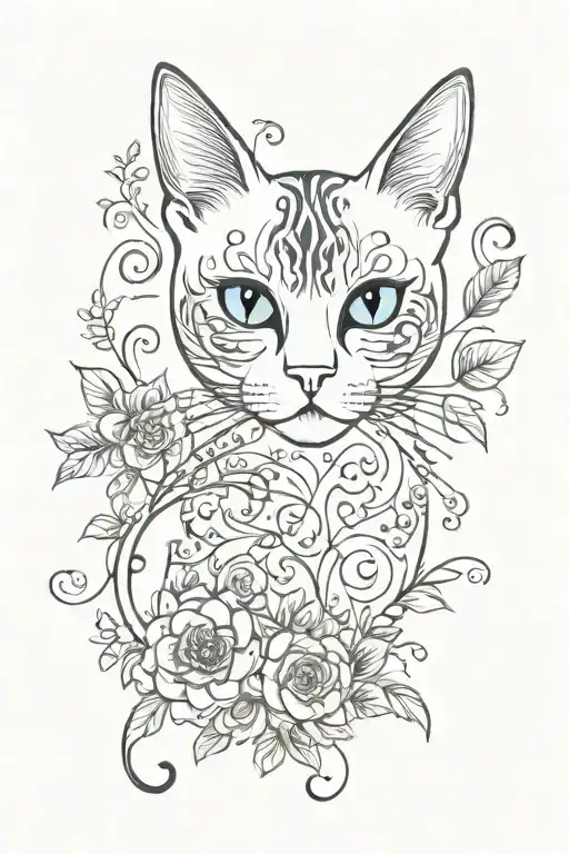 A Cat With Blue Huge Eyes And Flowers And Vines
