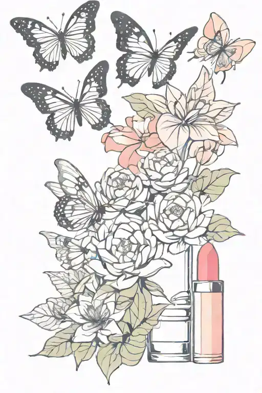 Butterfly Sitting On Lipstick Tube With Lotus Flower And Make Up Bottle