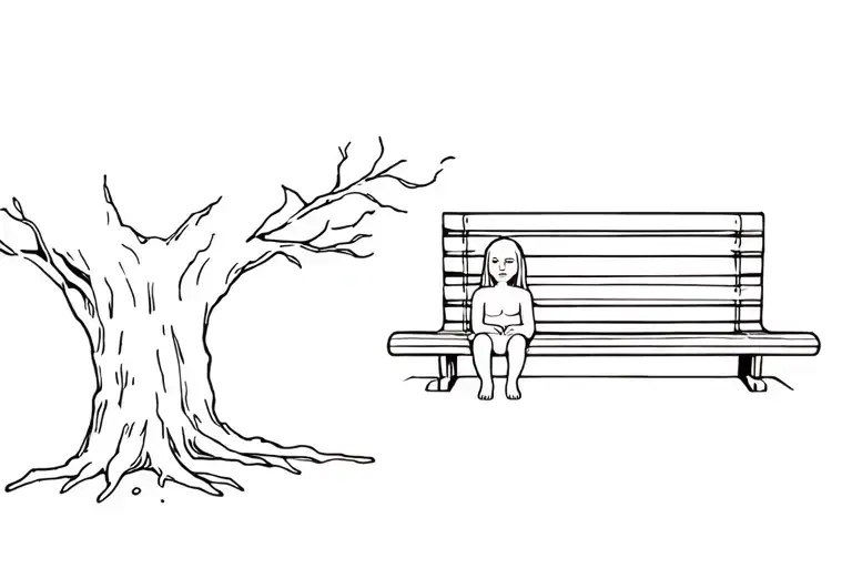 Oak Tree Straight Bench And Crying Babe Sitting Under