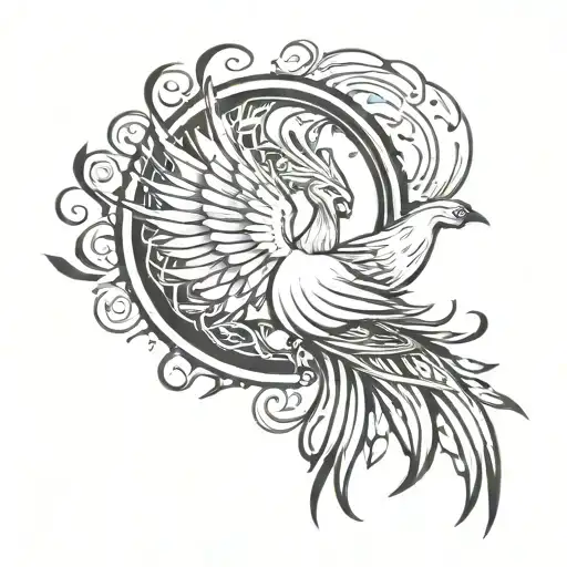 Rising Phoenix Bird With Peacocks Tail Black N White Tattoo Outline