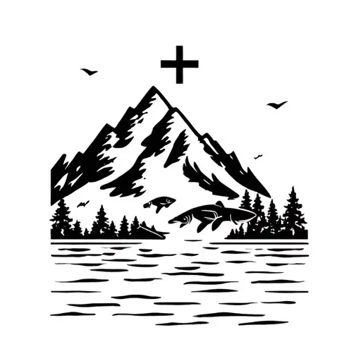 Fish Swimming In Opposite Directions That Leads To A Mountain Top With A Cross On It