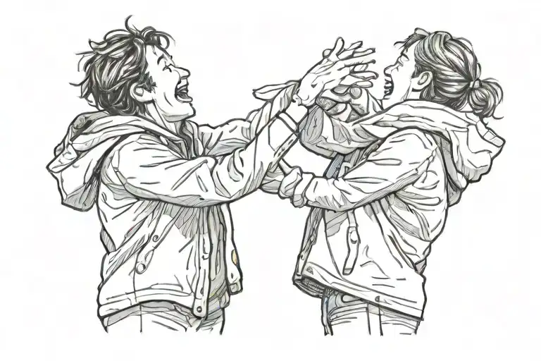 Two Friends Hugging One Reaching Towards The Sky