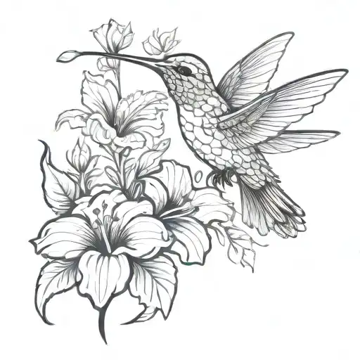 Stylistic Modern Hummingbird With Multiple Hibiscus