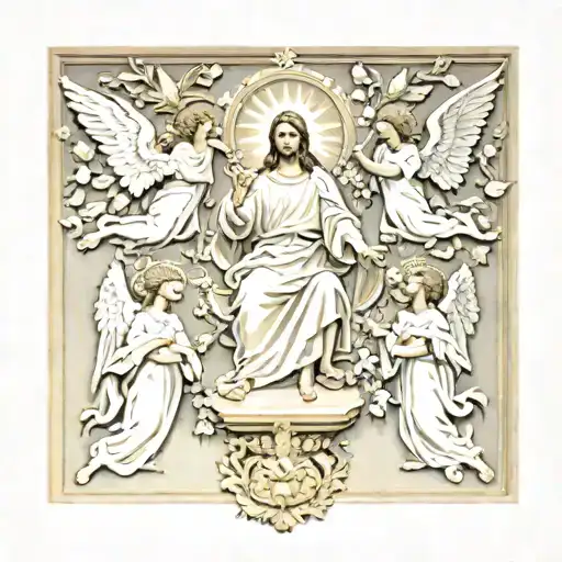 A Heavenly Scene With Angels Surrounding Jesus Stripped And The Virgin Of Hope Of Seville