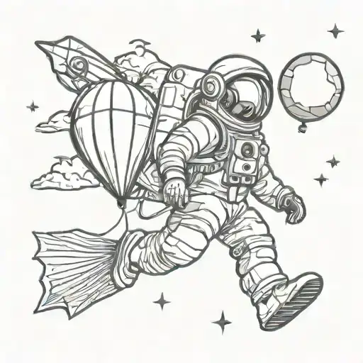 Astronaut Flying On Paper Airplane Holding Planet Balloons