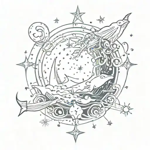 A Constellation Themed Tattoo Incorporating Elements Of Mythology And Waves