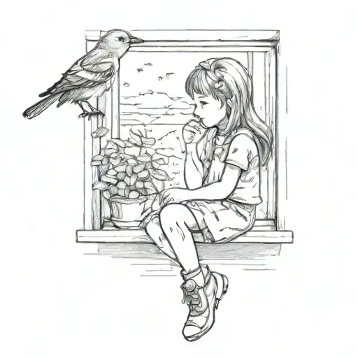 A Girl Sitting By Her Window Drawing And A Little Bird