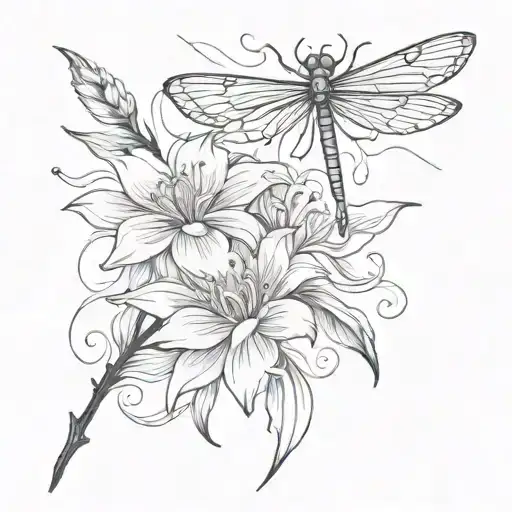 Create A Simple Line Tattoo Consisting Of A Simple Flower And Dragon Fly