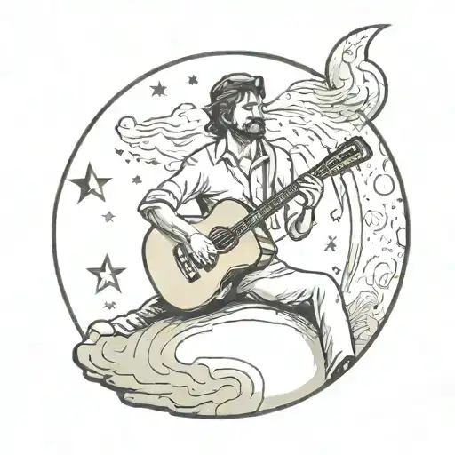 A Man With With Guitar Sitting On The Moon With A Heart In His Hand