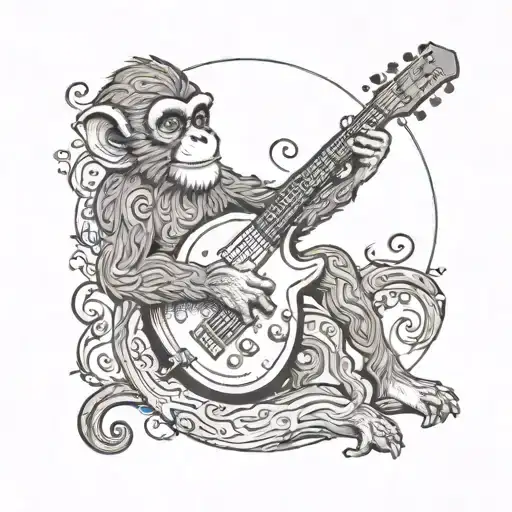 Design A Dotwork Tattoo Of A Wood Monkey Playing A Guitar Under A Moonlit Sky