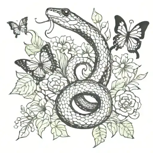 Snake With Butterflies And Flowers