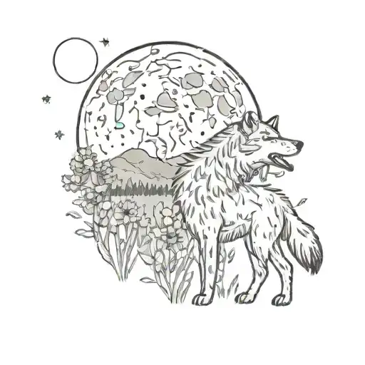 Lone Wolf Travel On A Field Of Flowers Under The Moonlight