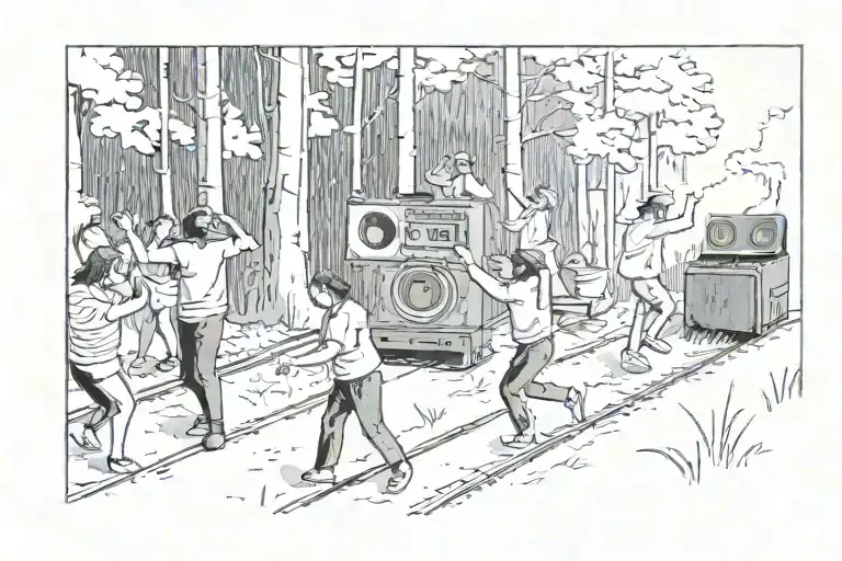 People Dancing In A Forest Next To A Soundsystem And Railway Tracks