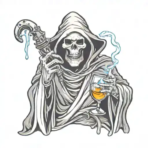 Grim Reaper Holding Whiskey Glass And Smoking Cigarette
