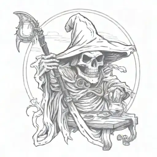 Grim Reaper Holding Whiskey Glass And Smoking A Cigarette With Scythe