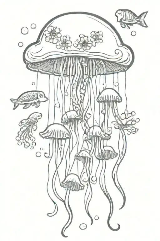 Jelly Fish With Flowers And Ocean Creatures Simple