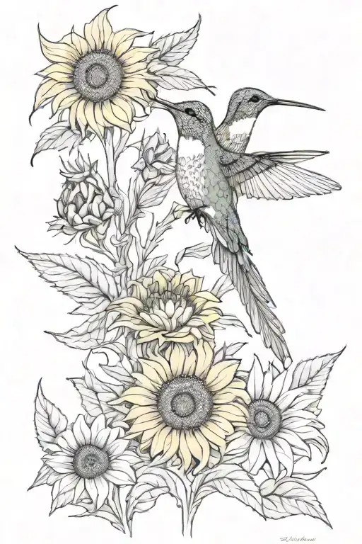 Hummingbird And Sunflower Intertwined