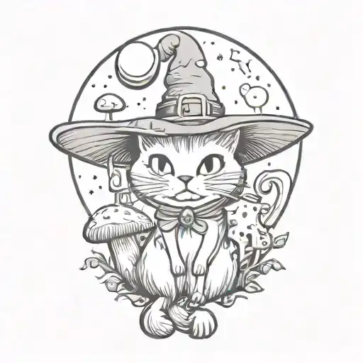 Witch Cat And Moon And Mushrooms