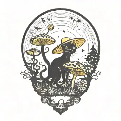 Black Cat And Magic Mushroom With Moon