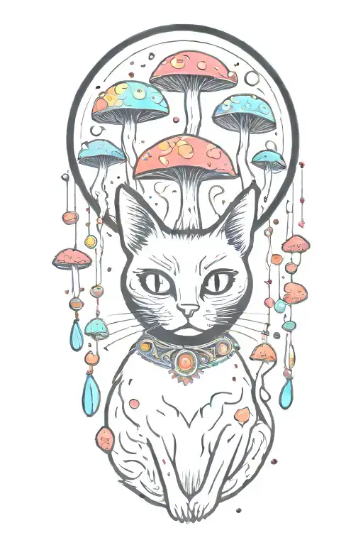 Black Cat With 3 Eye Balls And Trippy Colorful Mushrooms With Moon Melting