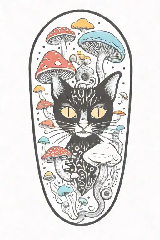 Black Cat With 3 Eye Balls And Trippy Colorful Mushrooms With Moon Melting