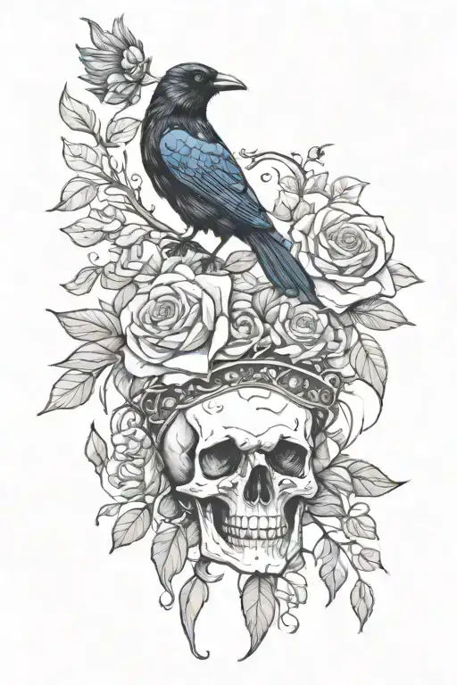 Raven Wearing Crown With Blue Rose And Skull