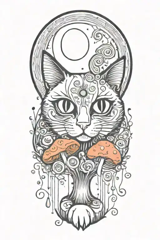 Black Cat With 3 Eye Balls And Trippy Colorful Mushrooms With Moon Melting