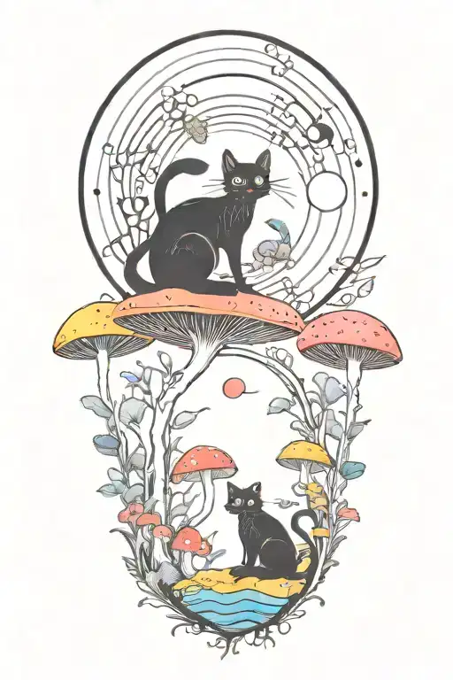 Black Cat And Trippy Colorful Mushrooms With Moon