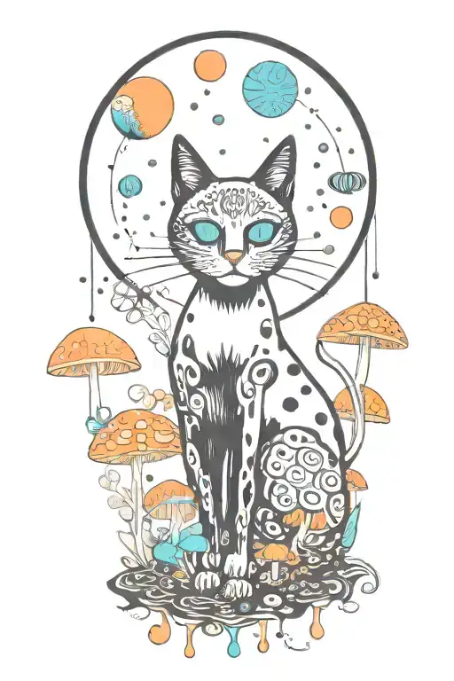 Black Cat With 3 Eye Balls And Trippy Colorful Mushrooms With Moon Melting