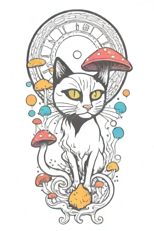 Black Cat With 3 Eye Balls And Trippy Colorful Mushrooms With Moon Melting