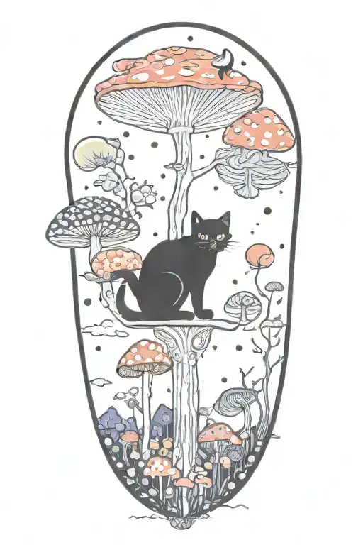 Black Cat And Trippy Colorful Mushrooms With Moon