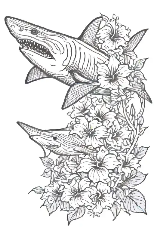 Fine Line Shark And Hibiscus Flowers