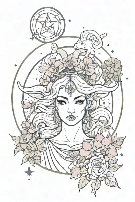 An Aries Witch With Flowers And The Aries Constellation Surrounding Her