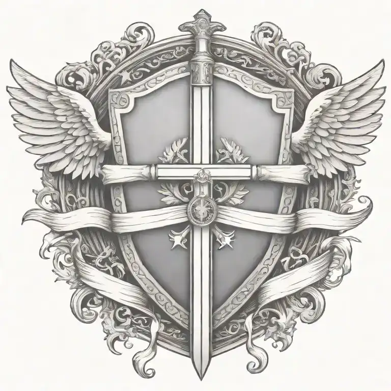 Sword Handles Behind Templar Shield With Wings Behind A Cross With Ribbon