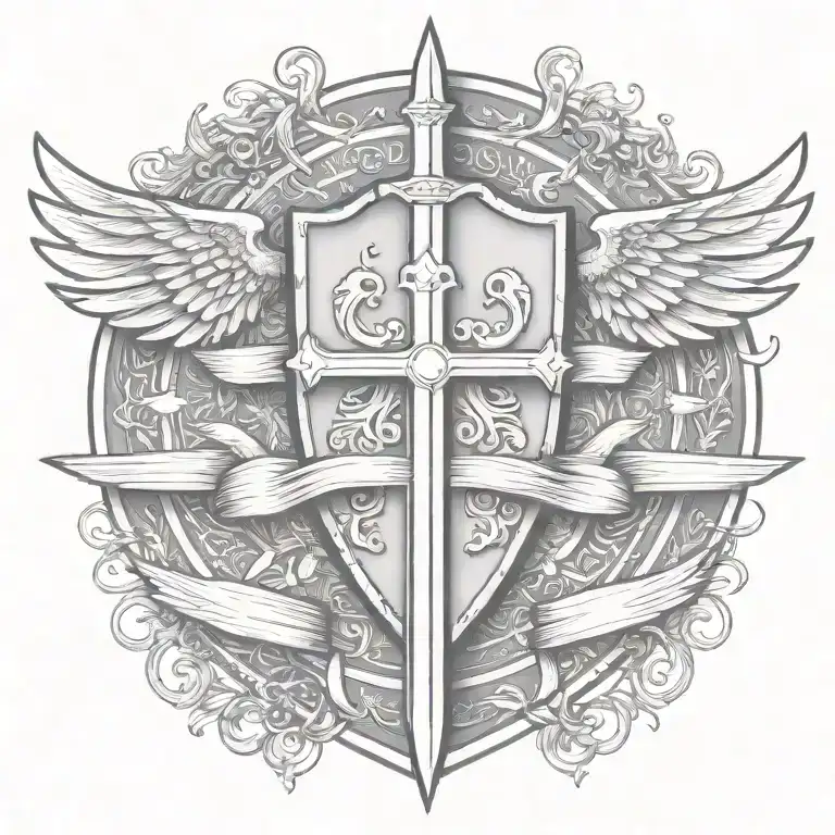 Templar Shield And Sword With Wings Behind A Cross With Ribbon