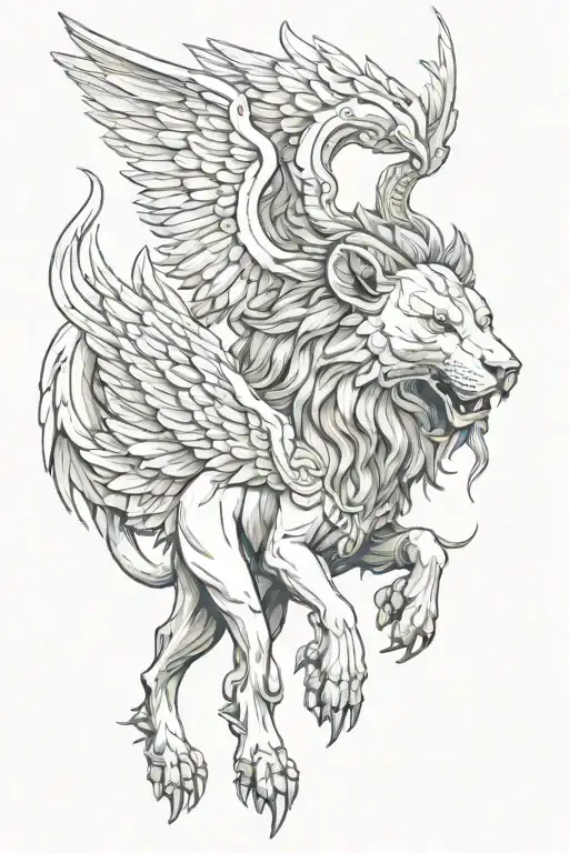 Chimera Lion Head With Horns With Scorpian Tail Eagle Wings And Goat Hooves On Its Hind Legs