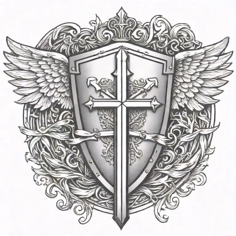 Sword Handles Behind Templar Shield With Wings Behind A Cross With Ribbon