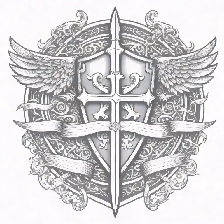 Sword Handles Behind Templar Shield With Wings Behind A Cross With Ribbon