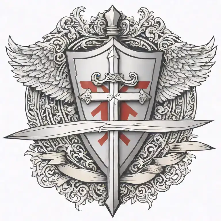 Sword Handles Behind Templar Shield With Wings Behind A Cross With Ribbon